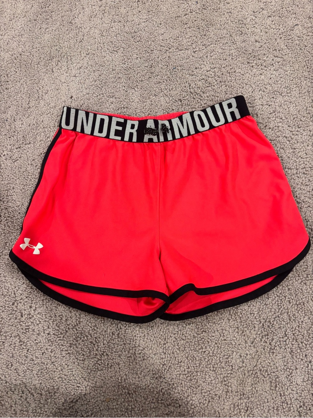 Under Armour Women's Neon Coral Athletic Shorts with Black Trim